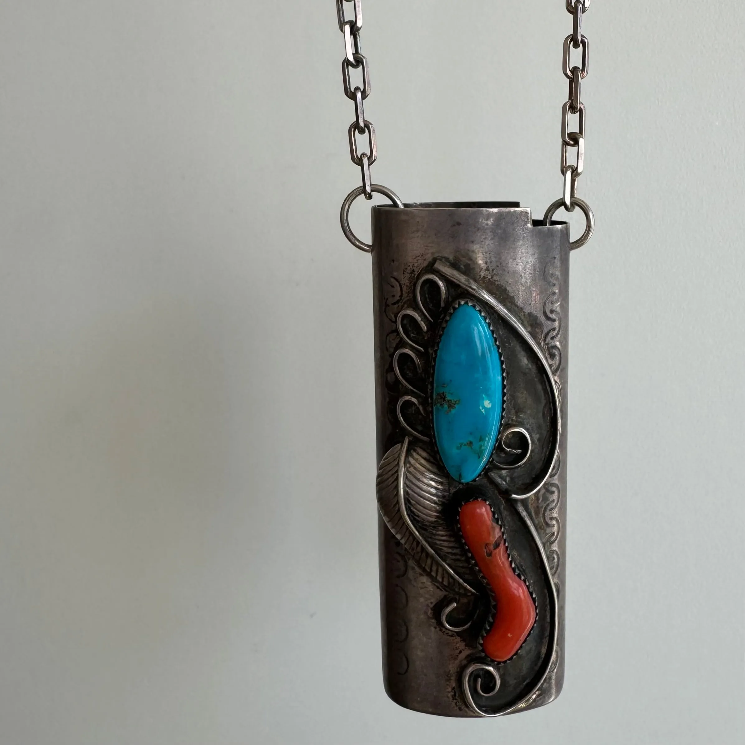 reimagined V I N T A G E // wearable lighter case / sterling silver bic lighter case pendant necklace with turquoise and coral / 23.25, 37g