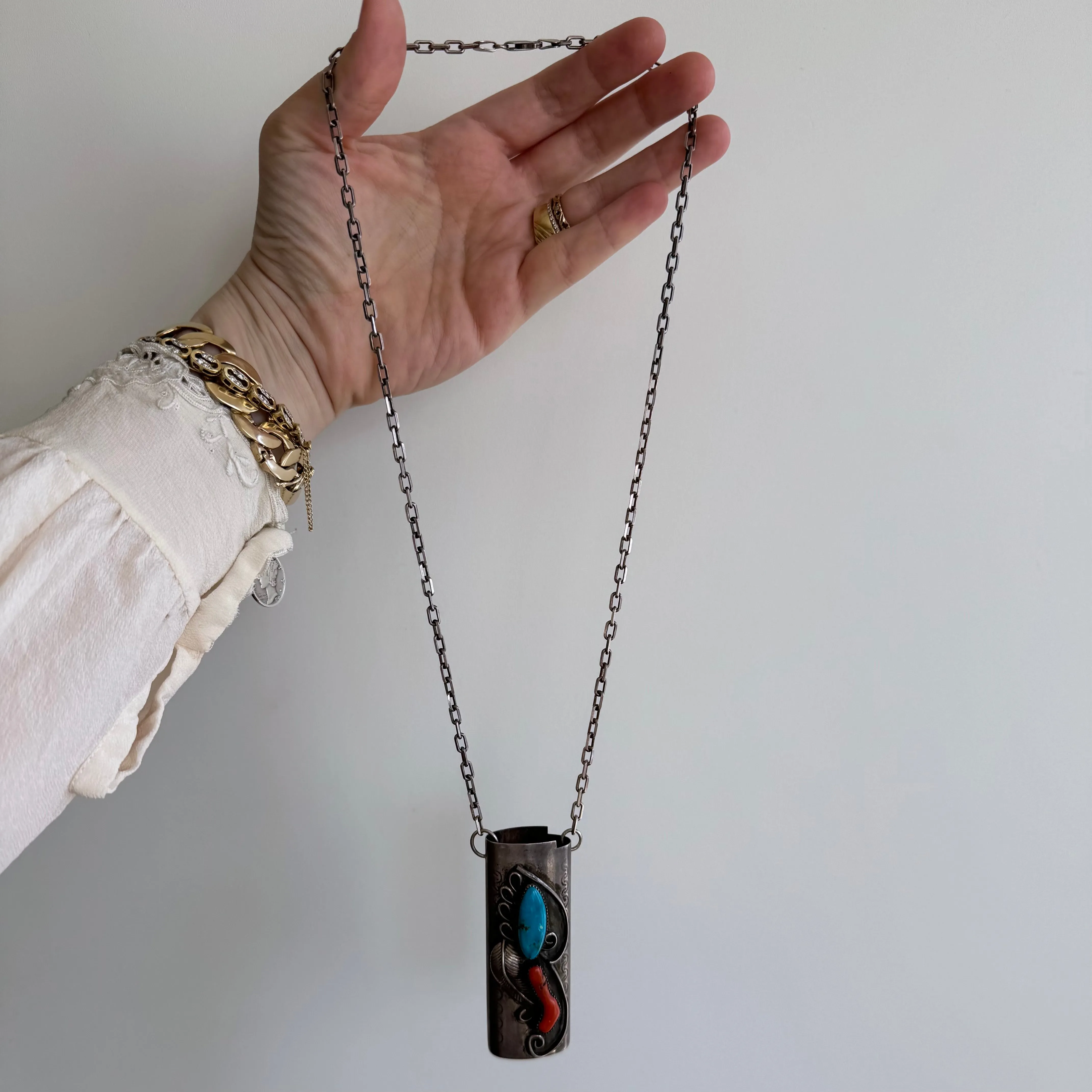 reimagined V I N T A G E // wearable lighter case / sterling silver bic lighter case pendant necklace with turquoise and coral / 23.25, 37g