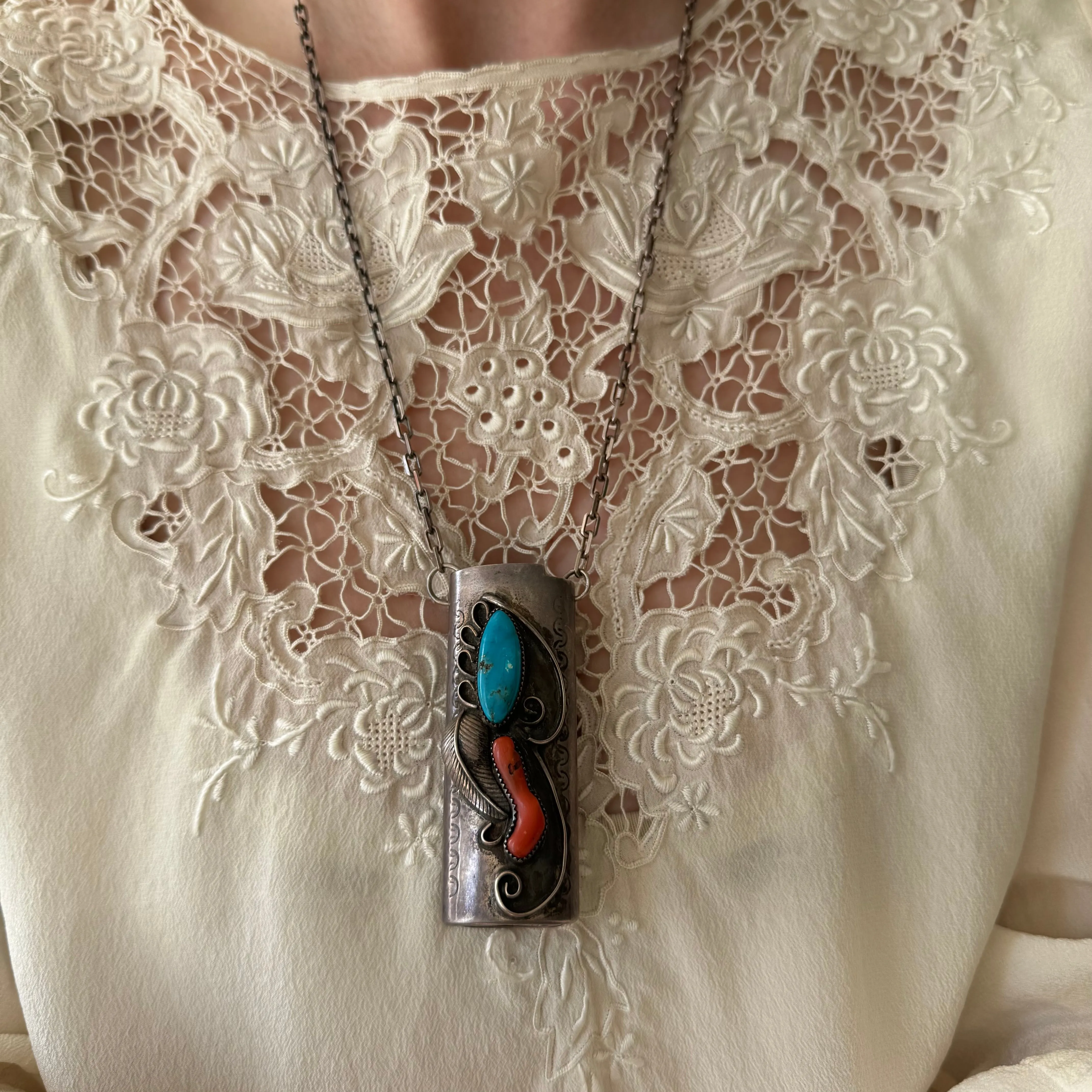 reimagined V I N T A G E // wearable lighter case / sterling silver bic lighter case pendant necklace with turquoise and coral / 23.25, 37g