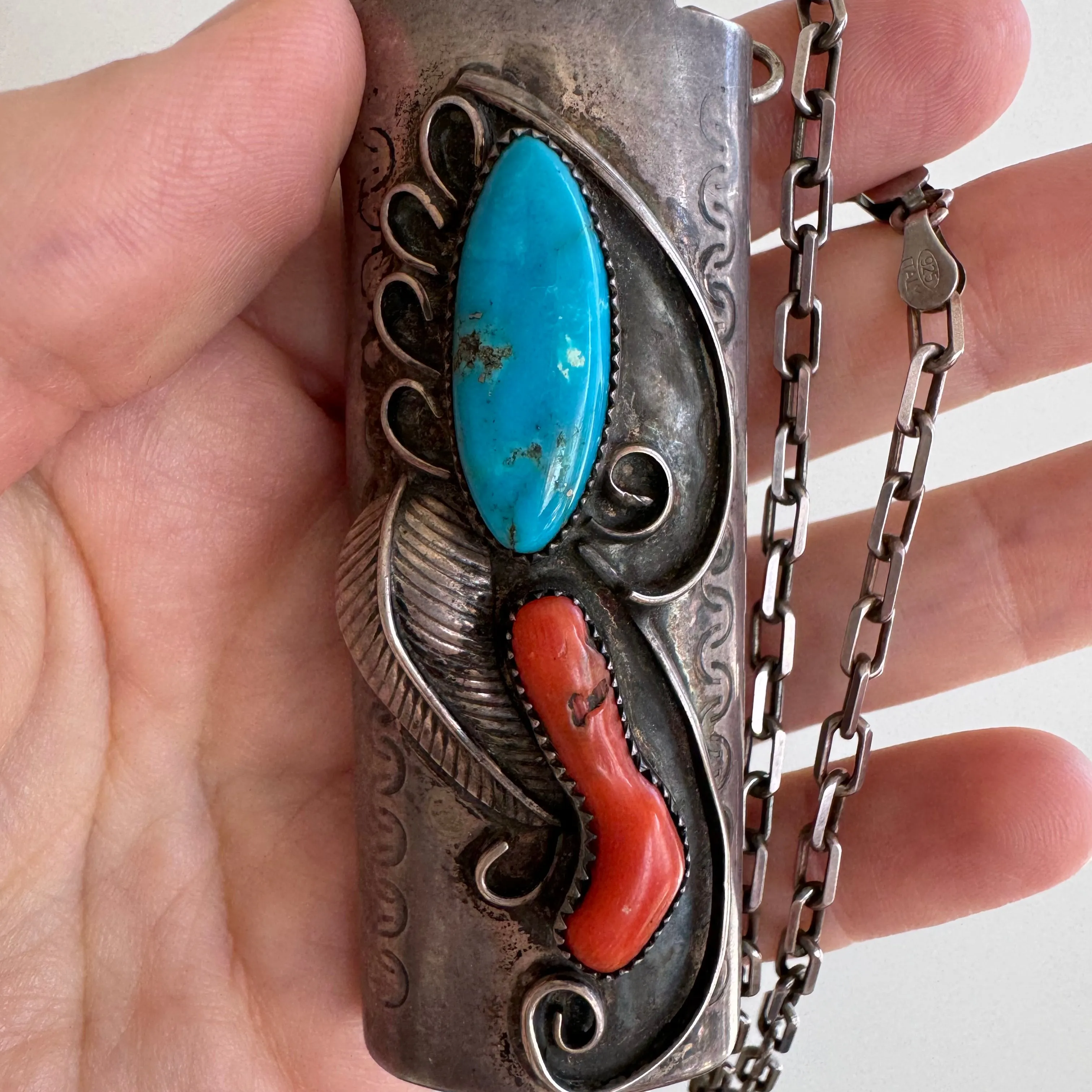 reimagined V I N T A G E // wearable lighter case / sterling silver bic lighter case pendant necklace with turquoise and coral / 23.25, 37g