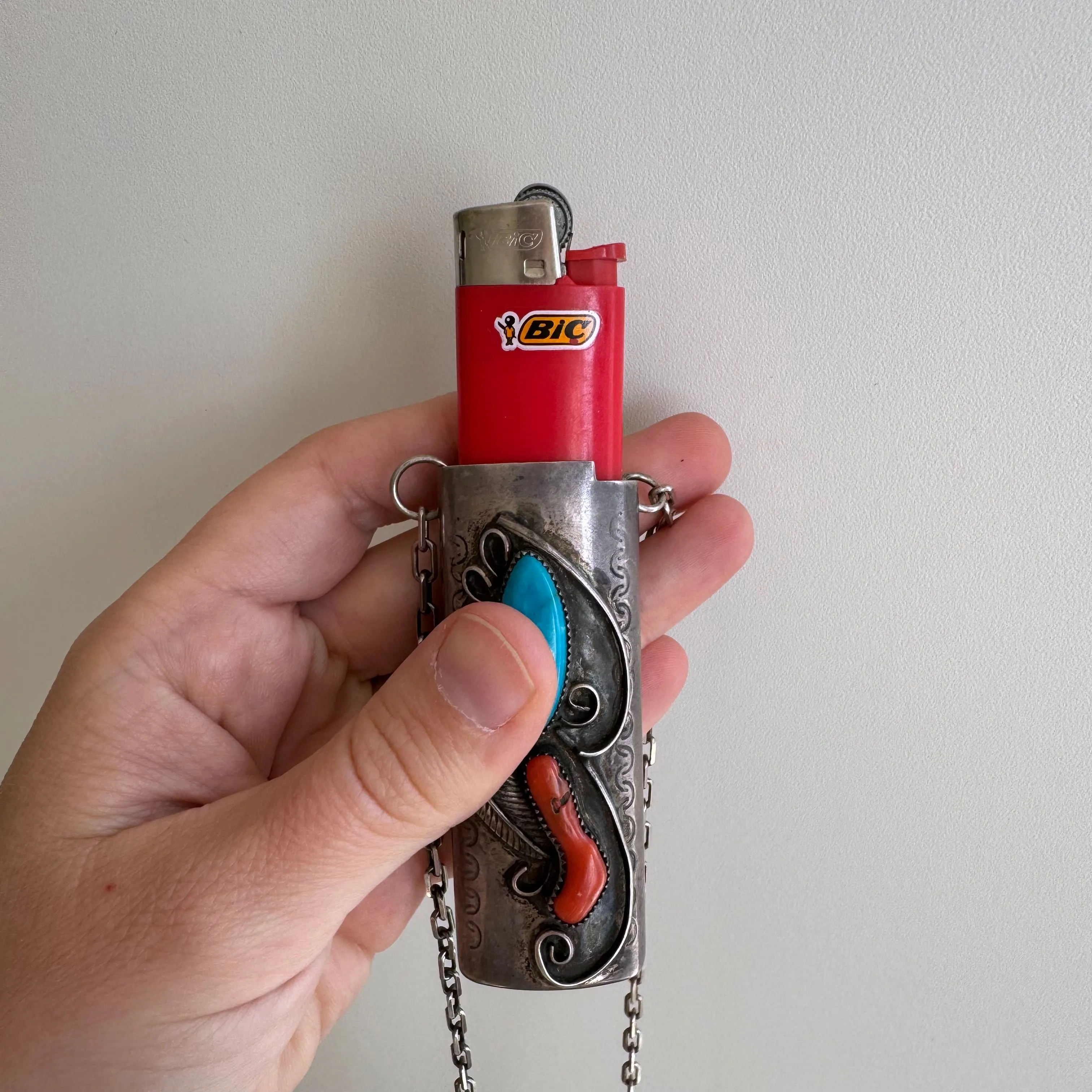 reimagined V I N T A G E // wearable lighter case / sterling silver bic lighter case pendant necklace with turquoise and coral / 23.25, 37g