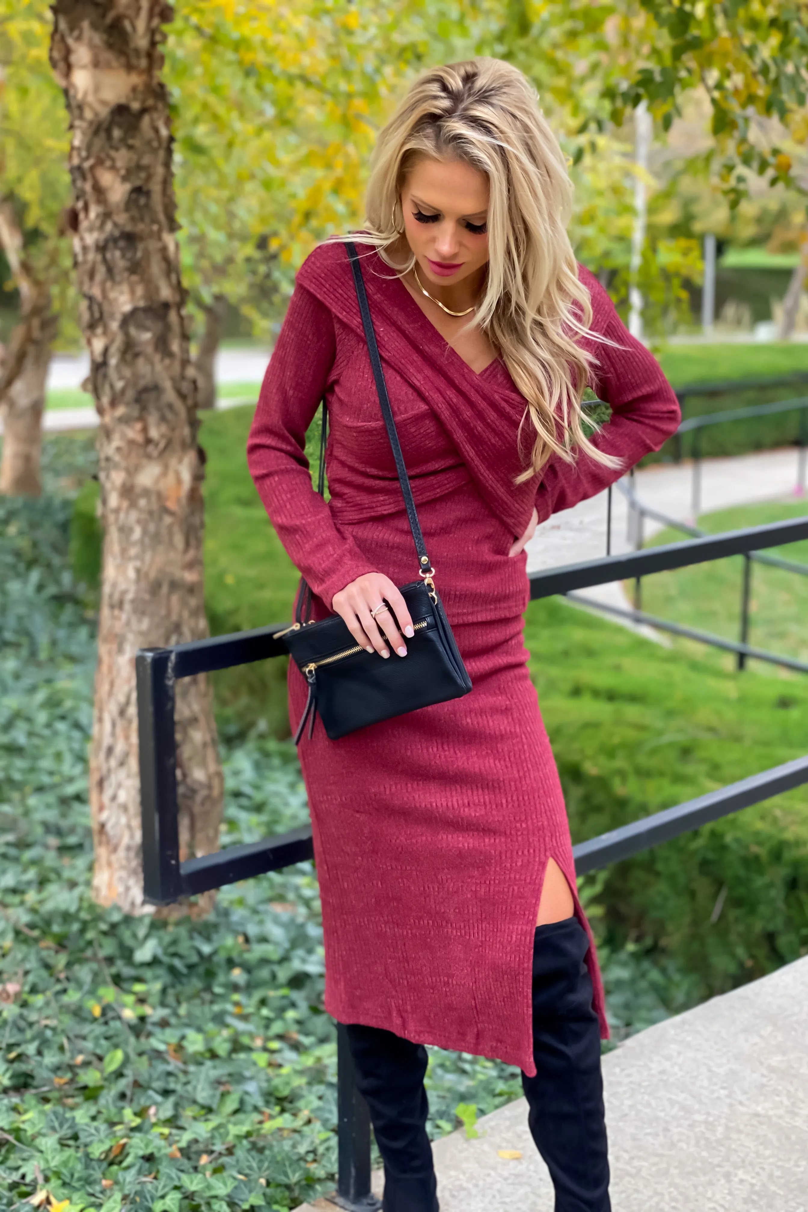 Remembering Tonight Brushed Ribbed Front Slit Midi Skirt : Burgundy