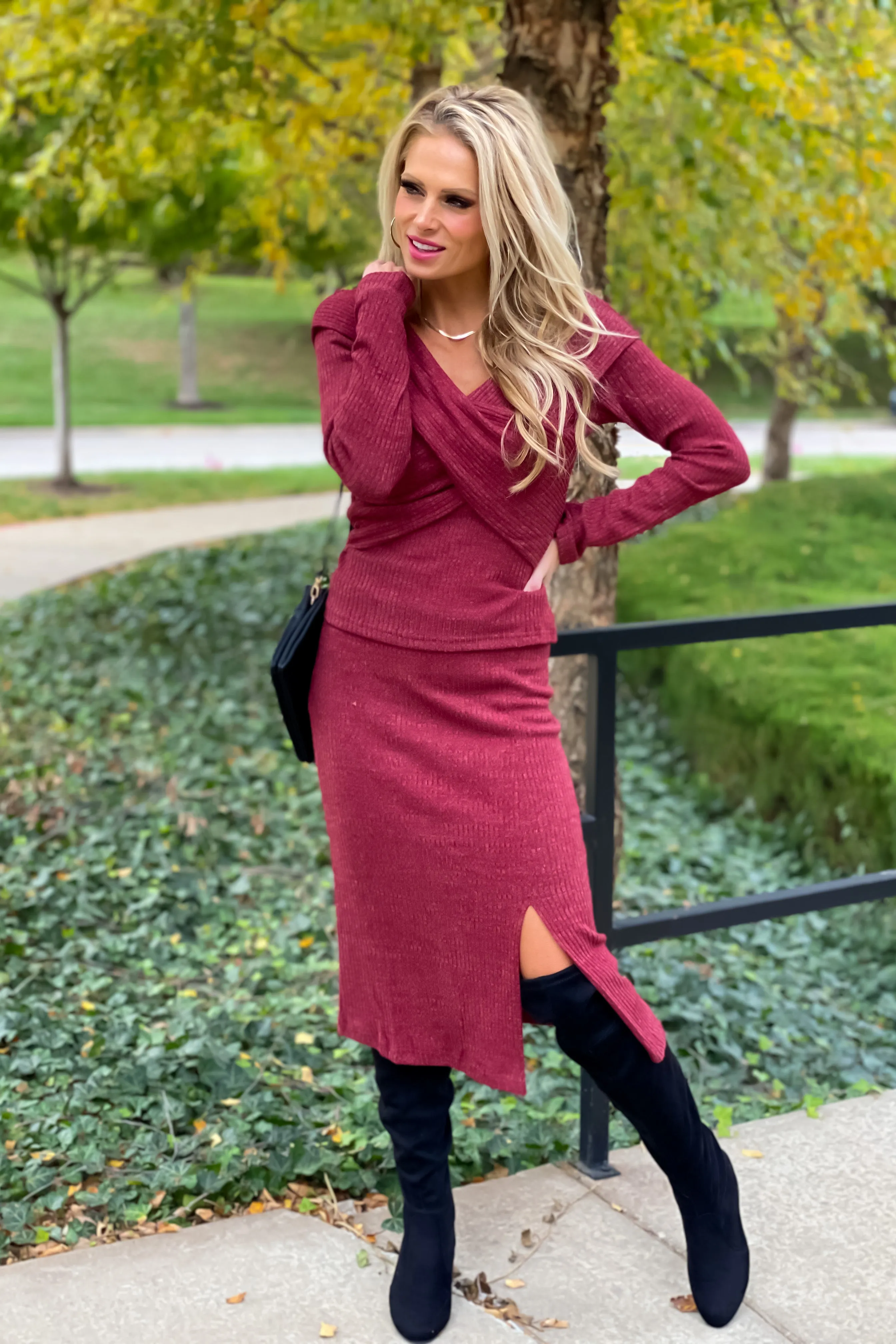 Remembering Tonight Brushed Ribbed Front Slit Midi Skirt : Burgundy