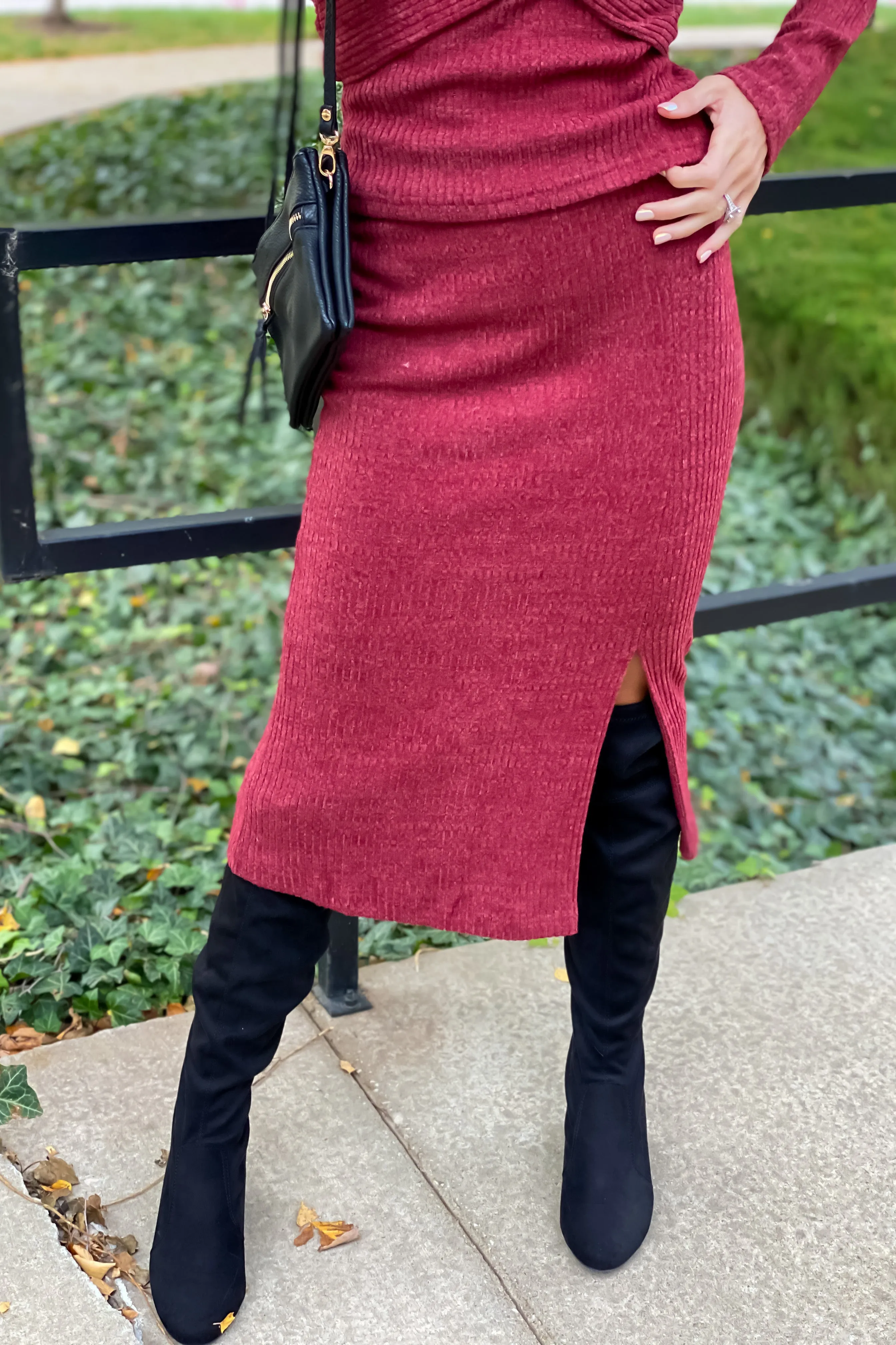 Remembering Tonight Brushed Ribbed Front Slit Midi Skirt : Burgundy