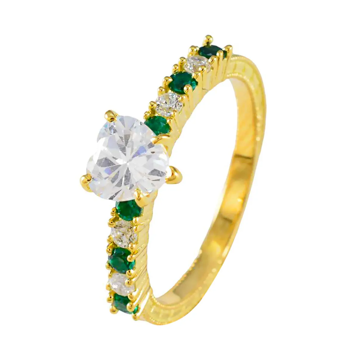 Riyo Complete Silver Ring With Yellow Gold Plating Emerald CZ Stone Heart Shape Prong Setting Antique Jewelry Fathers Day Ring