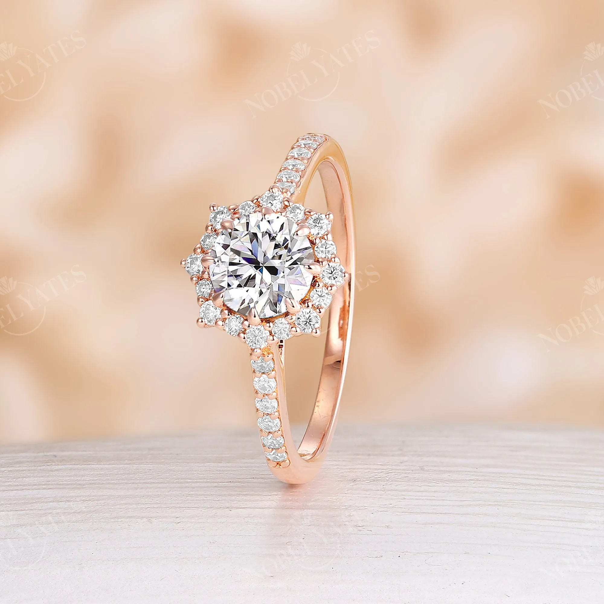 Rose Gold Halo Round Moissanite Classic Engagement Ring