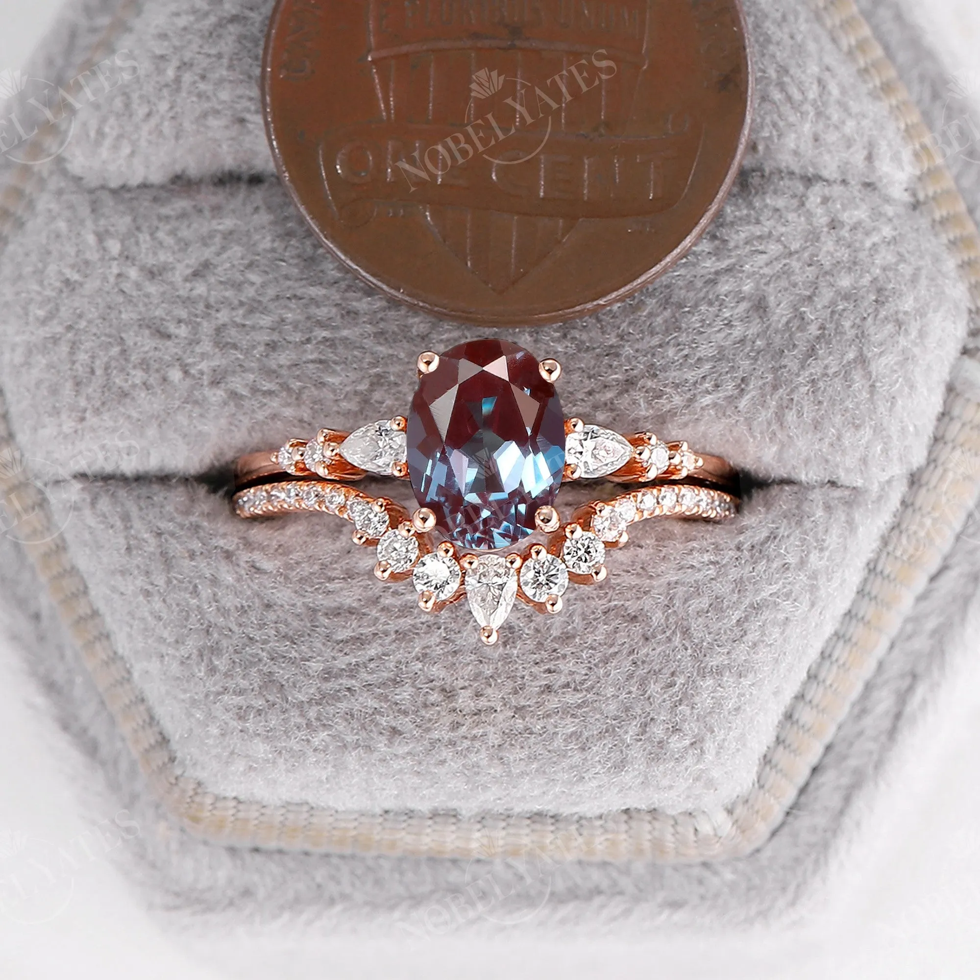 Rose Gold Lab Alexandrite Engagement Ring Set Matching Band