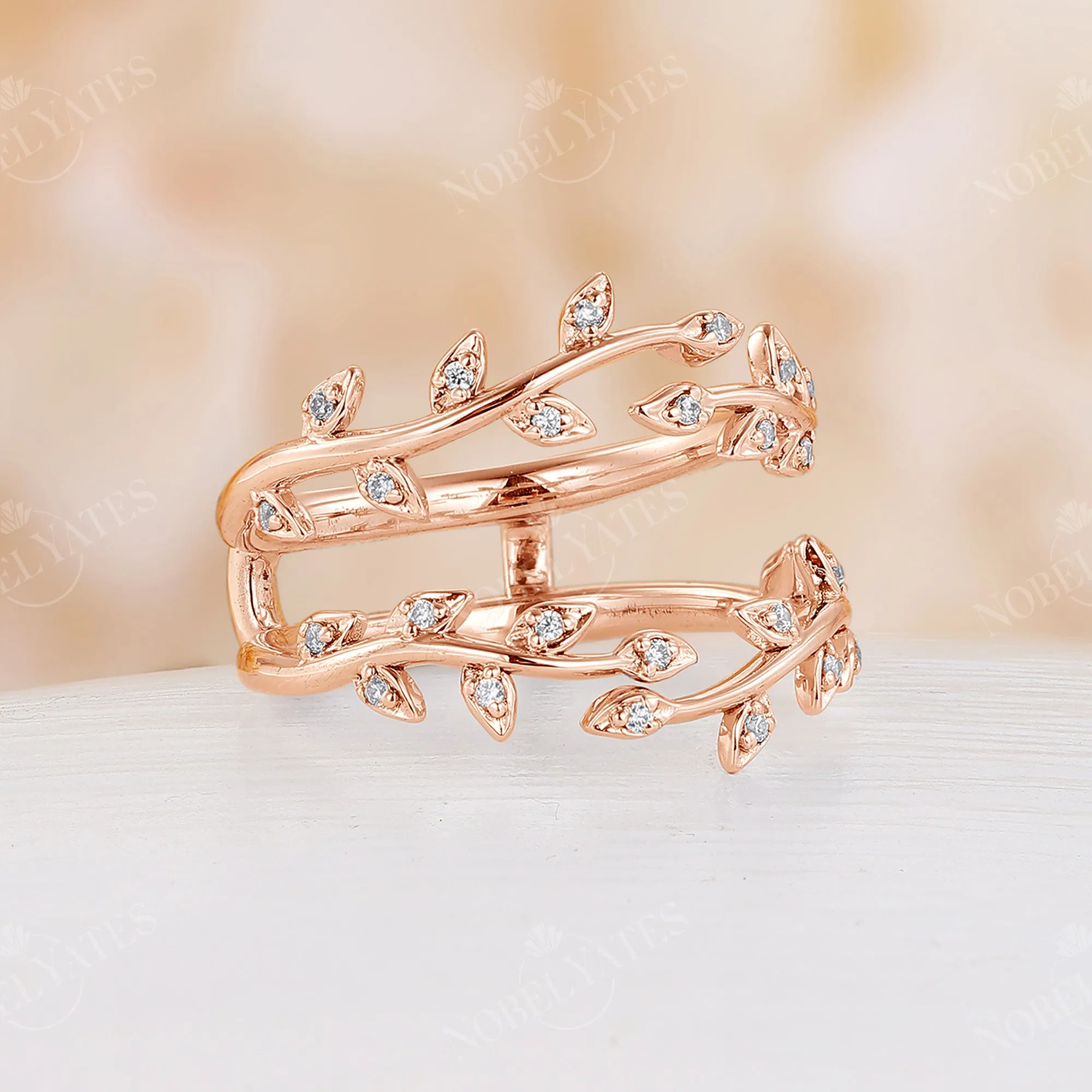 Round Moissanite Nature Inspired Twig Leaf Rose Gold Enhancer Wedding Band