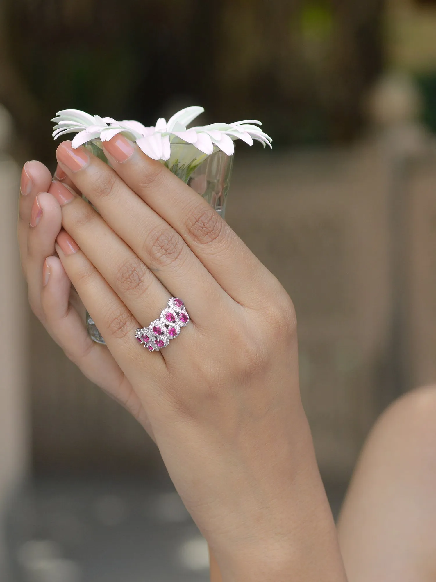 Ruby Cluster Band Ring In 925 Silver