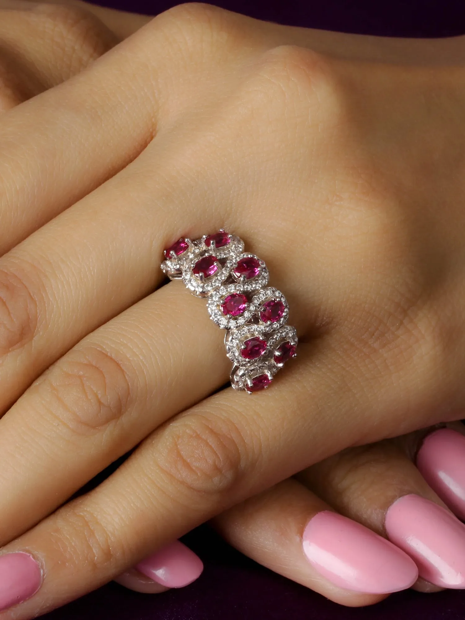 Ruby Cluster Band Ring In 925 Silver