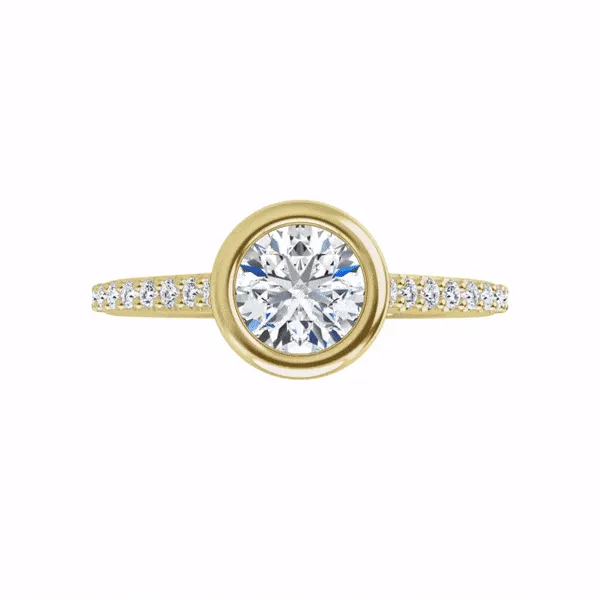 Sonia Ring - Round Moissanite Full Bezel Cathedral Accented Pave Band Engagement Ring