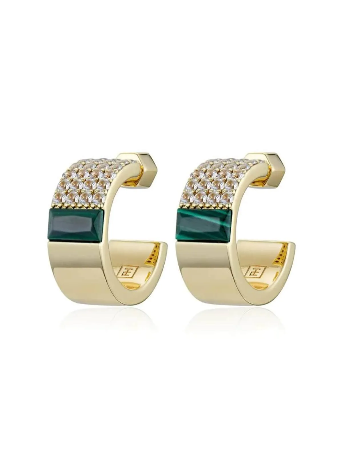 Spliced Malachite Hoop Earrings: Brass   18K Gold Plating   Malachite   Topaz