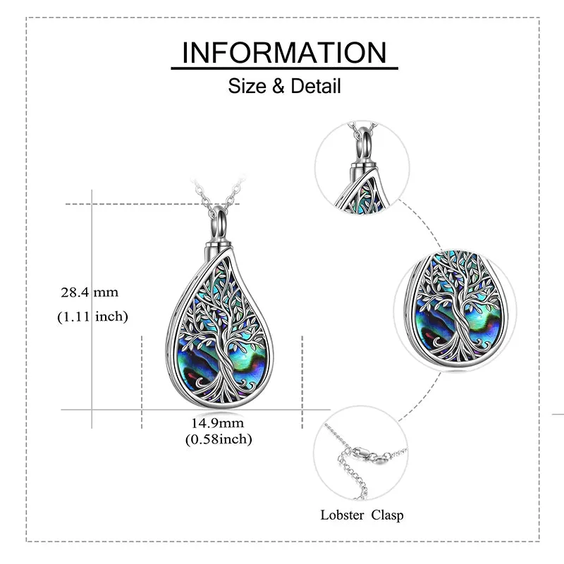 Tree of Life Urn Necklaces for Ashes Sterling Silver Abalone Shell Tree of Life Cremation Jewelry Memory Gift for Women