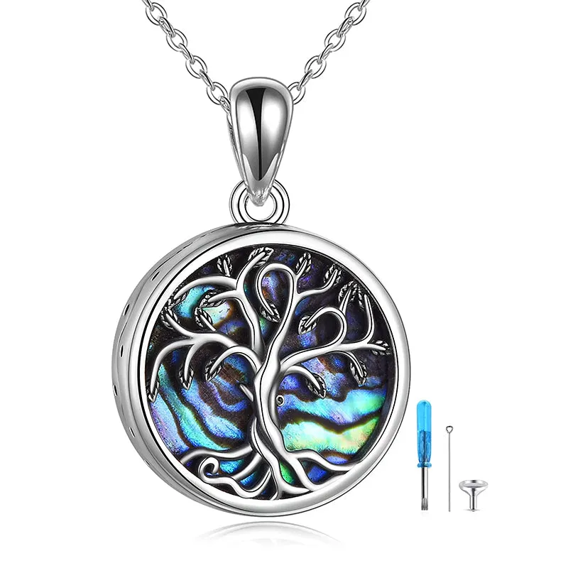 Tree of Life Urn Necklaces for Ashes Sterling Silver Abalone Shell Tree of Life Cremation Jewelry Memory Gift for Women