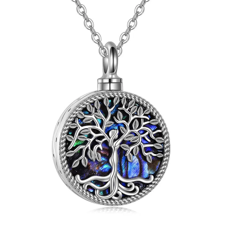 Tree of Life Urn Necklaces for Ashes Sterling Silver Abalone Shell Tree of Life Cremation Jewelry Memory Gift for Women