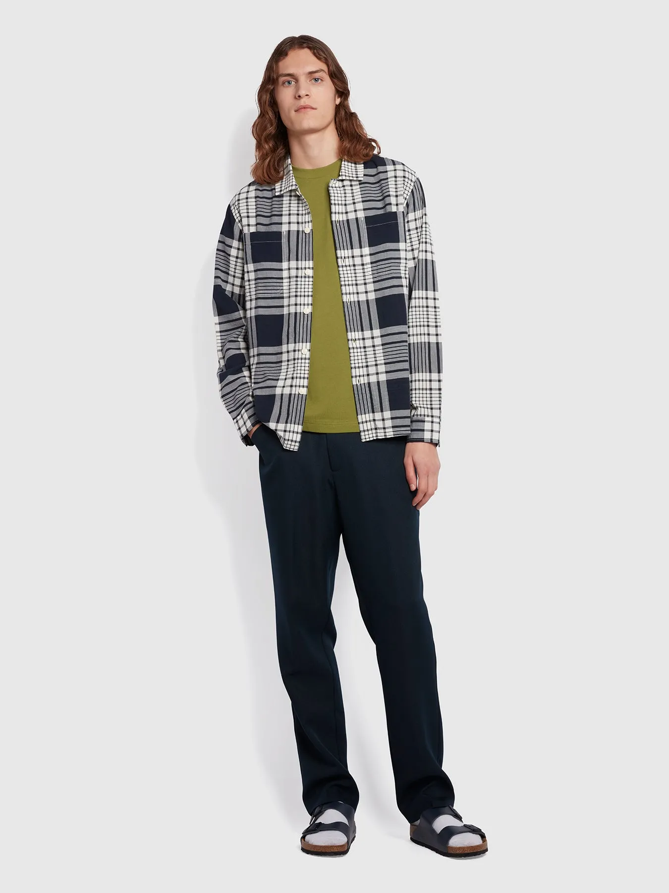 Trestles Relaxed Fit Long Sleeve Crepe Check Overshirt In True Navy