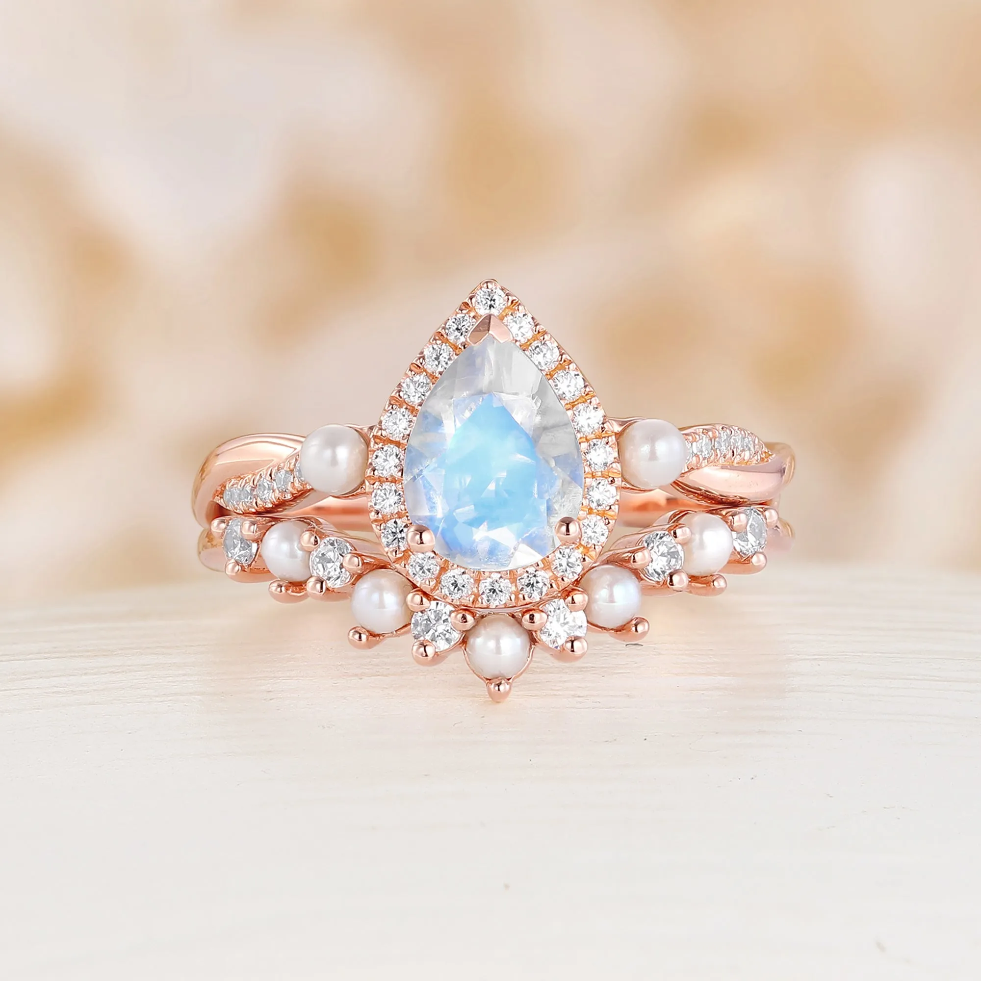 Twist Moonstone Rose Gold Engagement Ring Set Pearl Curved Band