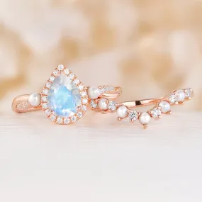 Twist Moonstone Rose Gold Engagement Ring Set Pearl Curved Band