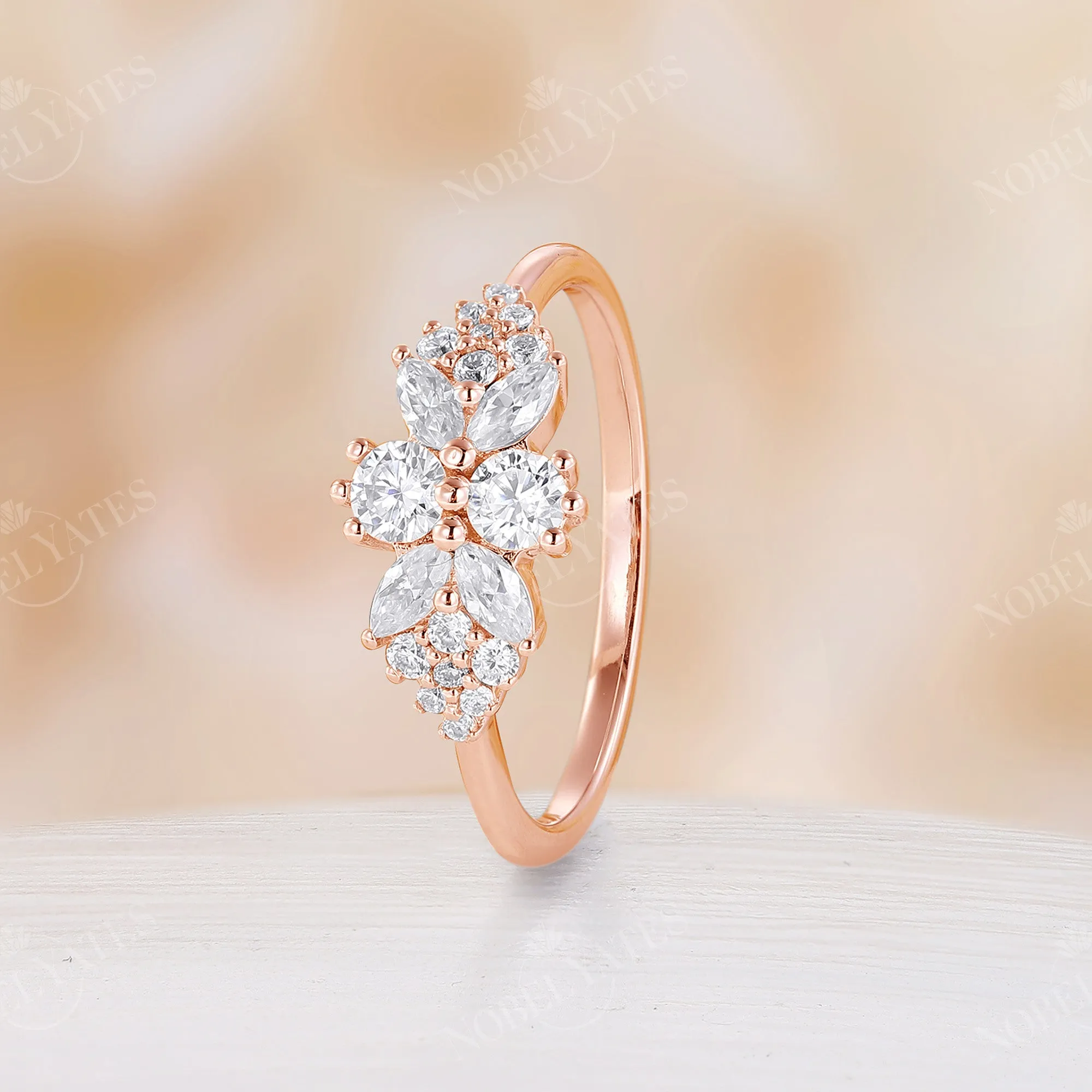 Unique Moissanite Engagement Ring Side Stone Rose Gold