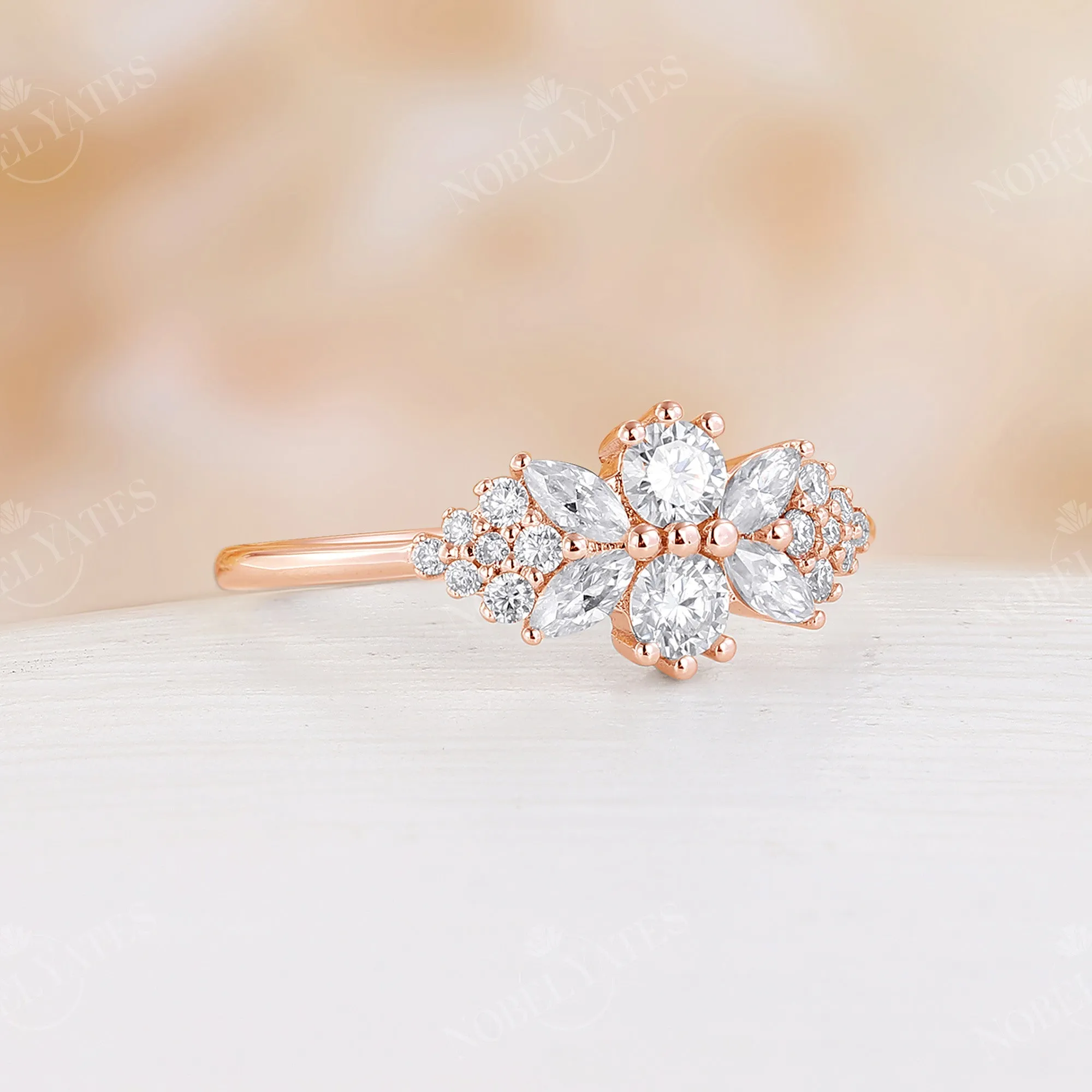 Unique Moissanite Engagement Ring Side Stone Rose Gold