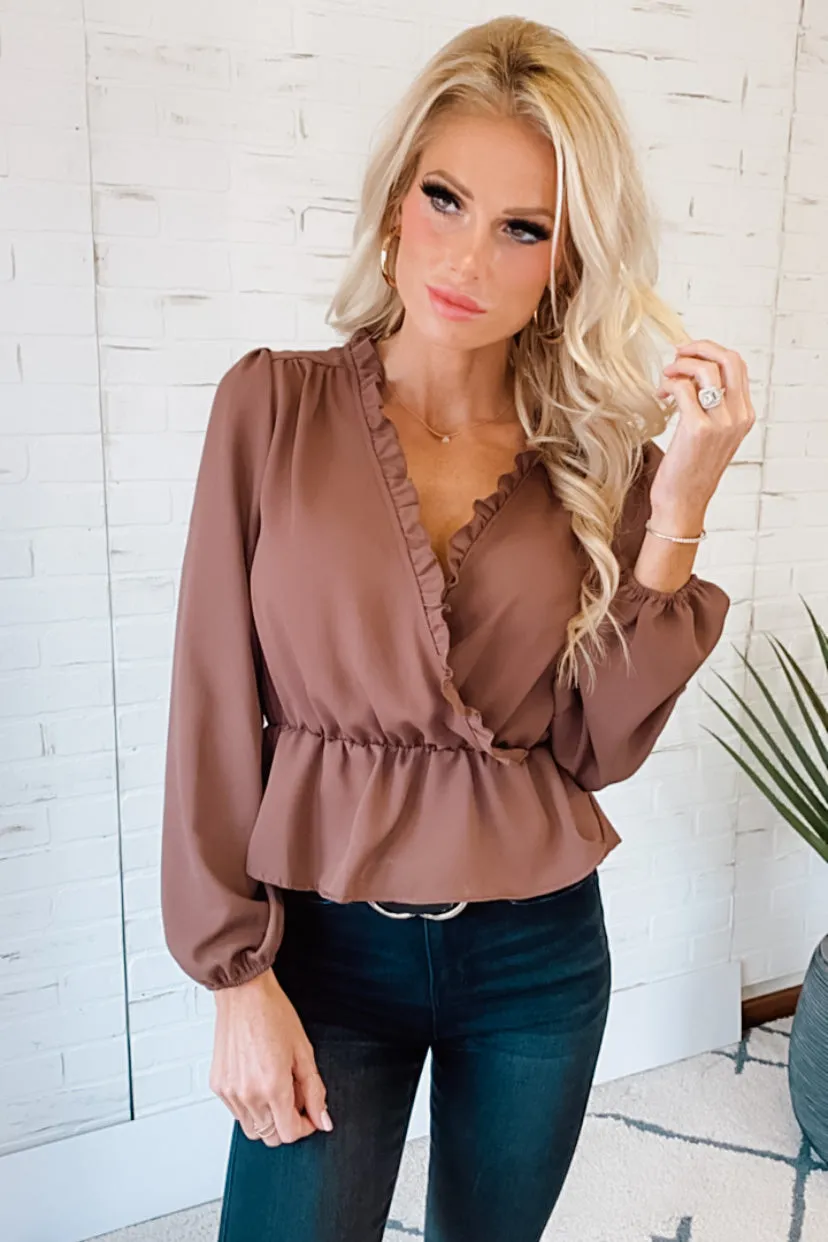 Upgraded Status Long Sleeve Surplice Peplum Top : Brown