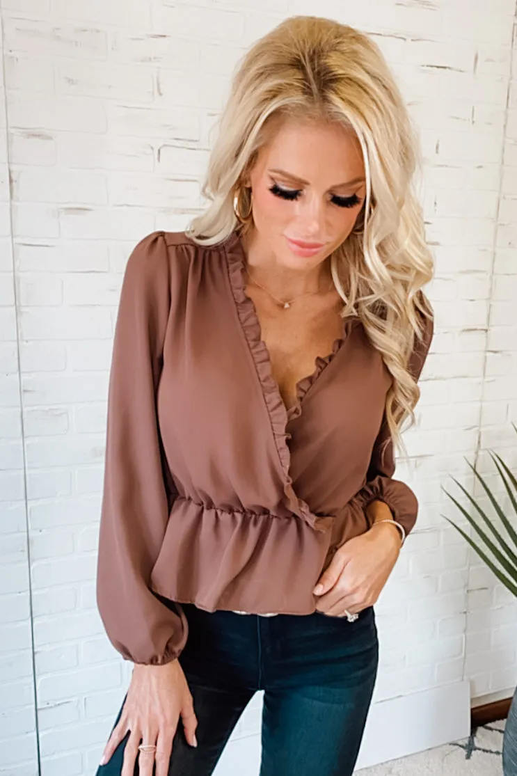 Upgraded Status Long Sleeve Surplice Peplum Top : Brown