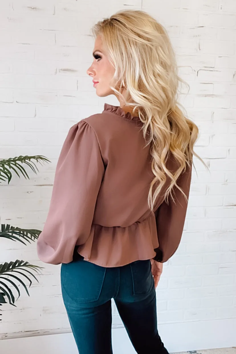 Upgraded Status Long Sleeve Surplice Peplum Top : Brown