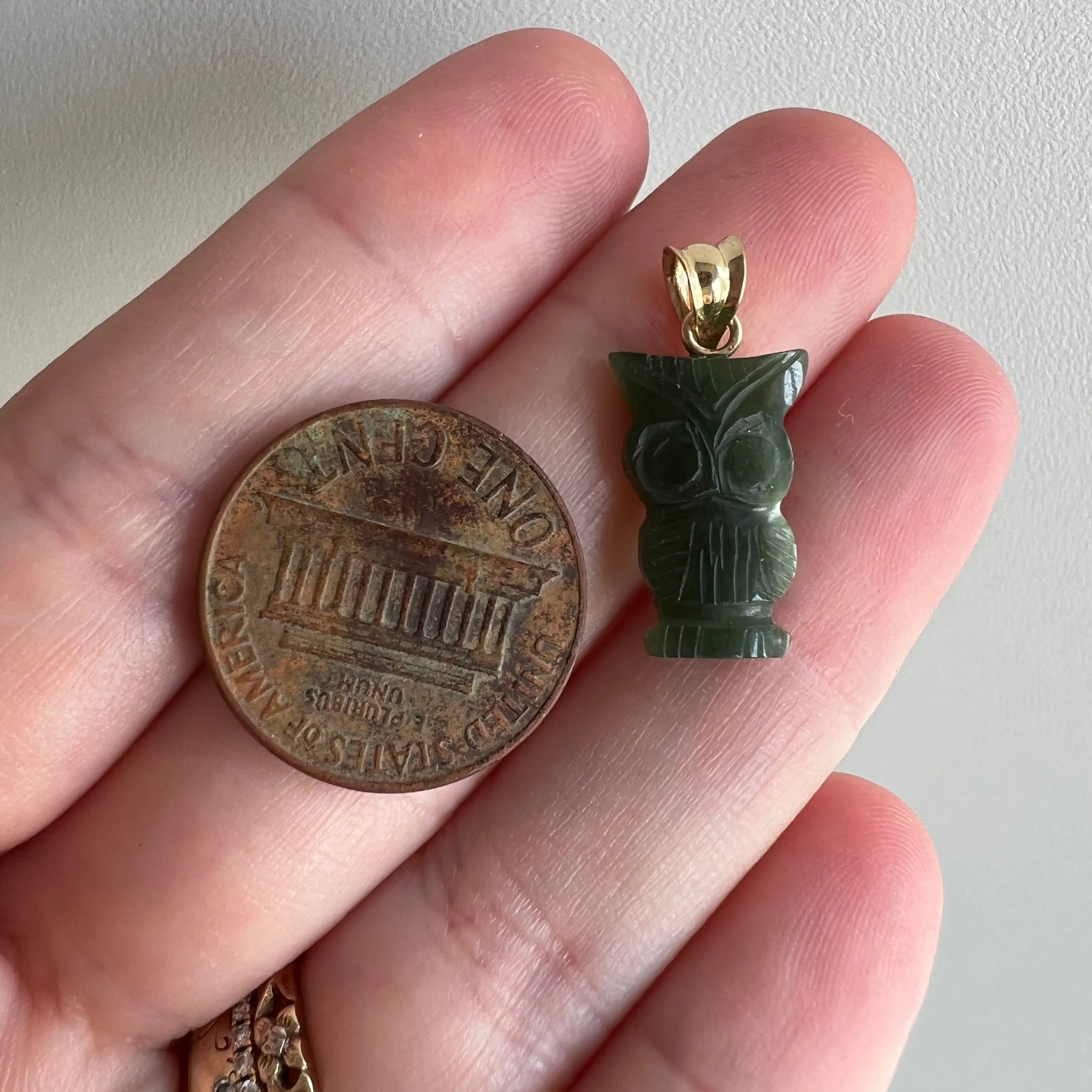 V I N T A G E // parliamentary youth / 14k and carved green stone owl / a pendant