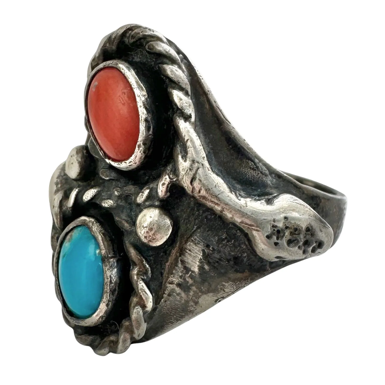 V I N T A G E // secret snake / sterling silver turquoise and coral ring with a sneaky snake / size 9.75