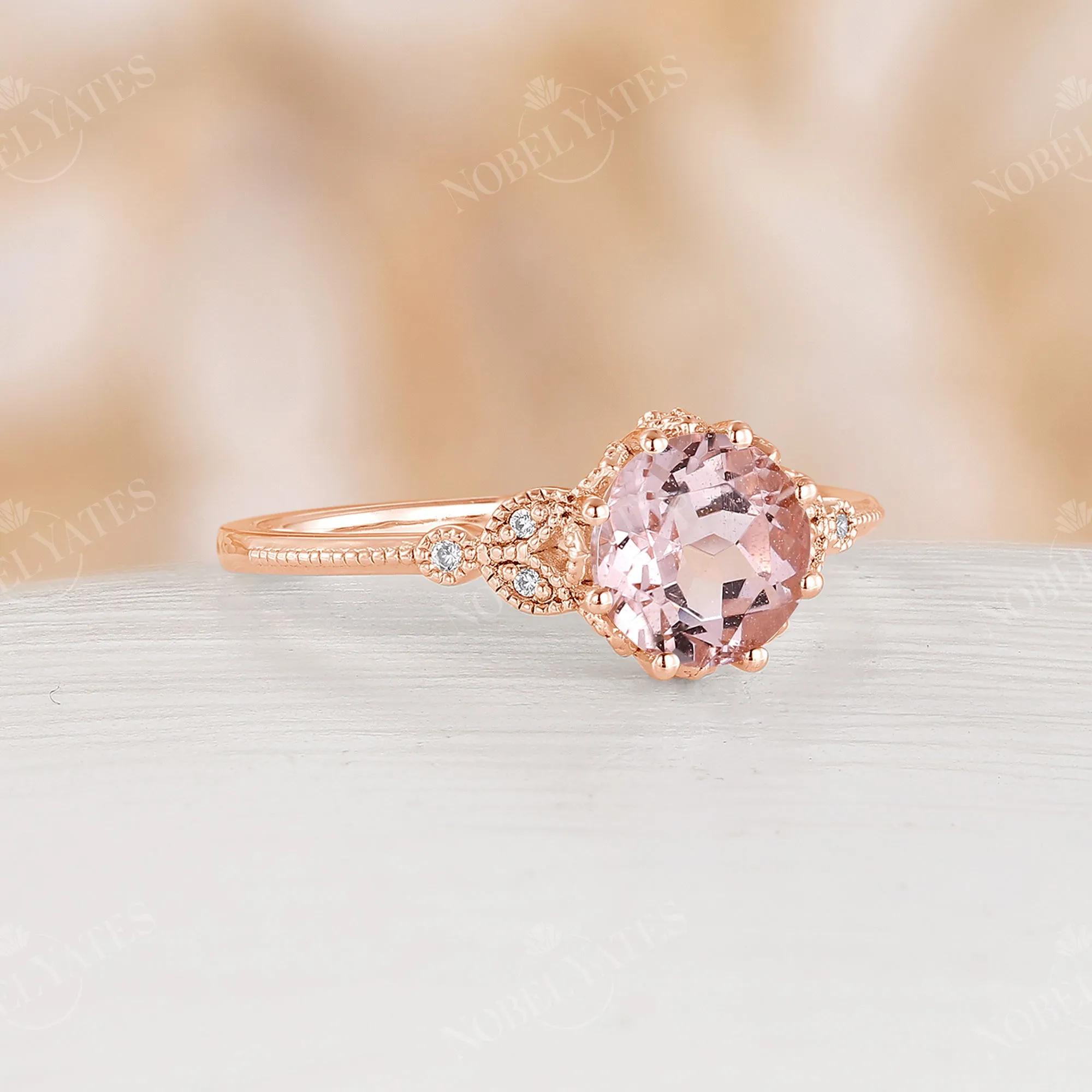 Vintage Round Orange Pink Morganite Milgrain Leaf Engagement Ring