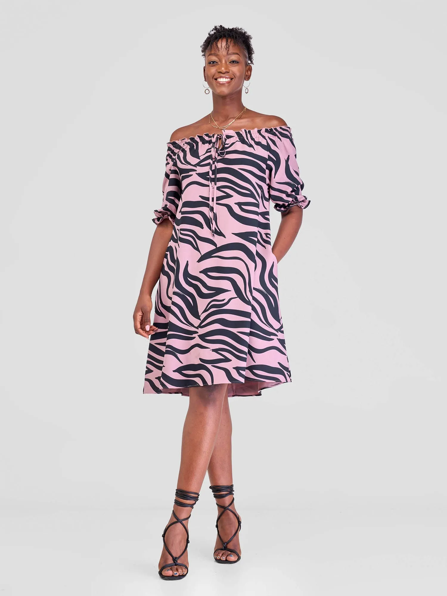 Vivo Situ Off Shoulder Tie Dress - Peach / Black Tiri Print