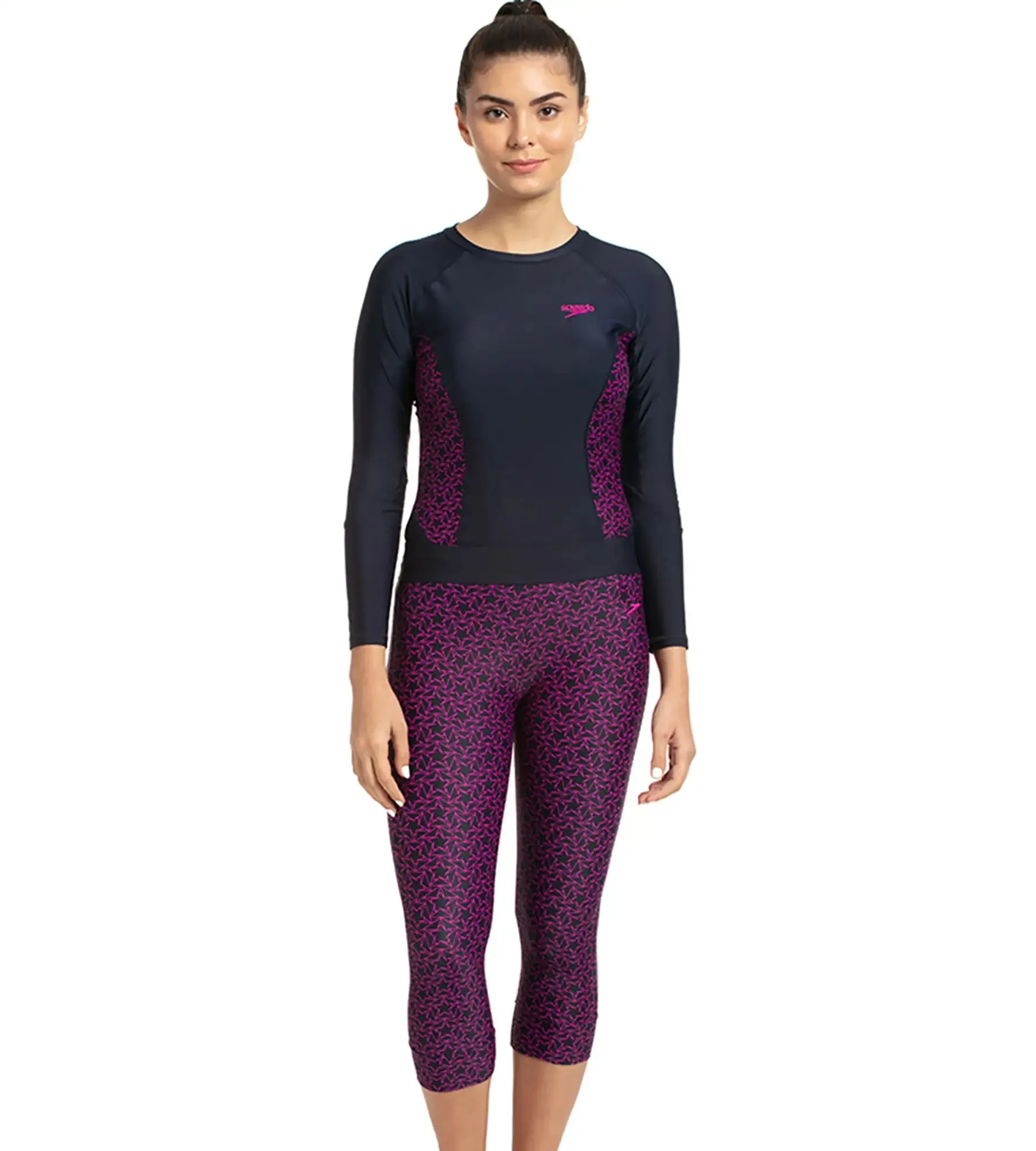 Women's Printed Contrast Swim Capri   - True Navy & Electric Pink